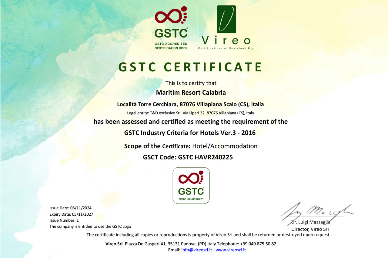 Maritim Resort Calabria ha la Certificazione GSTC
